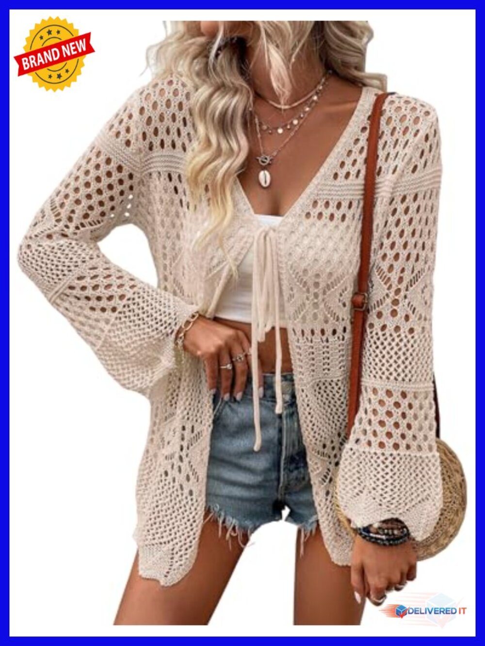 Women Crochet Cardigan Tie Front Hollow Out Lightweight Long Sleeve Knit Cover